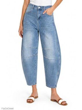 Women's High Waisted Barrel Jeans Wide Leg Cropped Stretch Denim